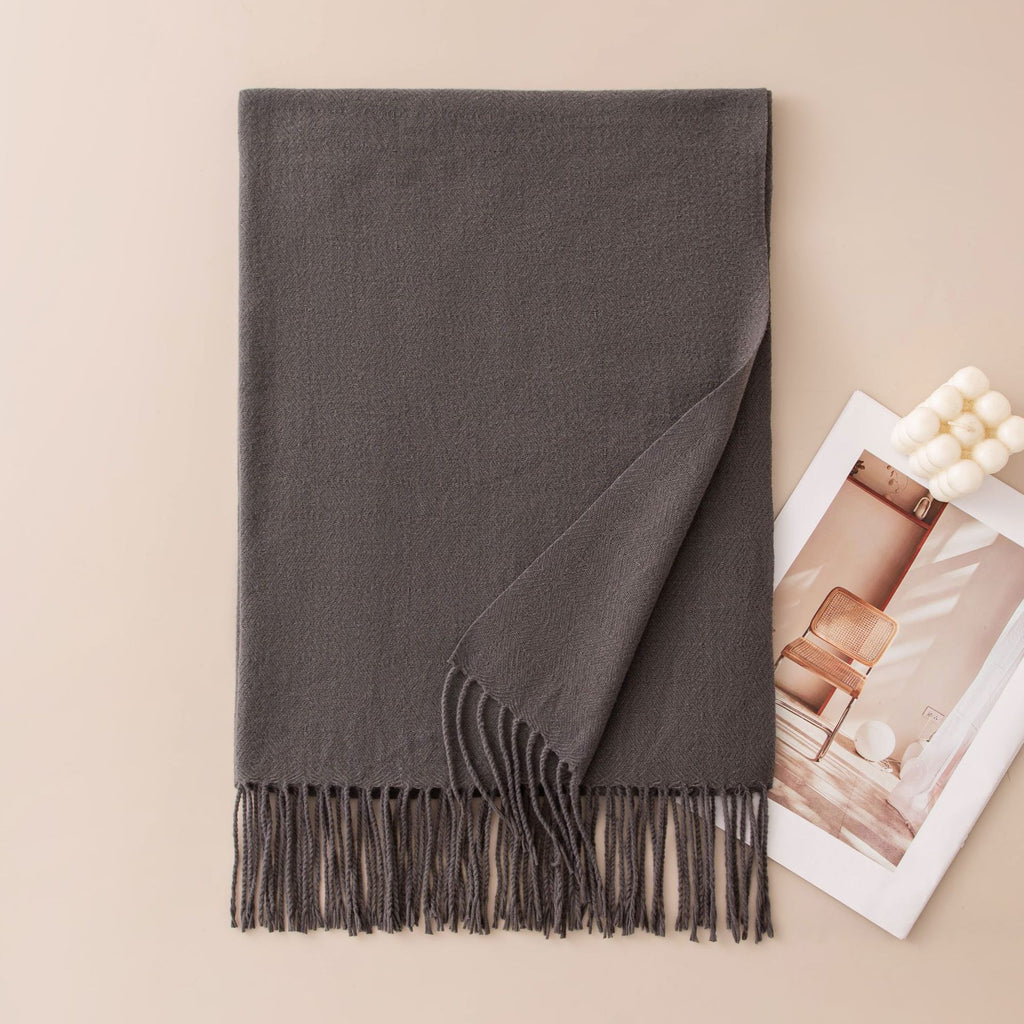 Soft Solid Fringe Trim Long Wrap Scarf - Dark_Grey