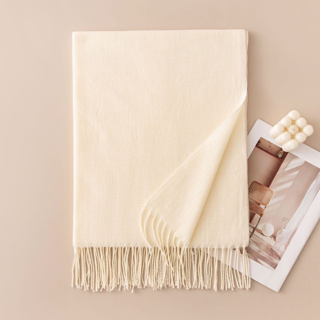 Soft Solid Fringe Trim Long Wrap Scarf - Milk_White