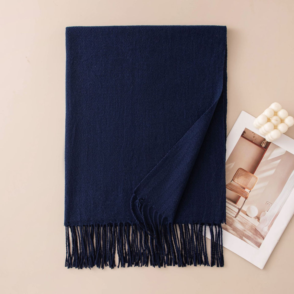 Soft Solid Fringe Trim Long Wrap Scarf - Navy_Blue