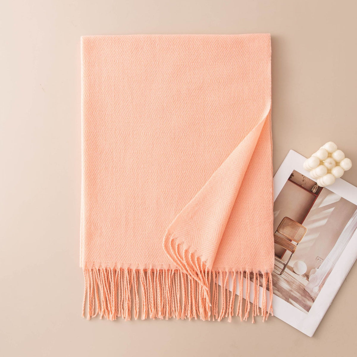 Soft Solid Fringe Trim Long Wrap Scarf - Pink