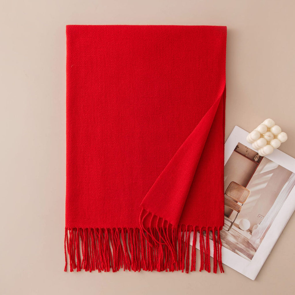 Soft Solid Fringe Trim Long Wrap Scarf - Red