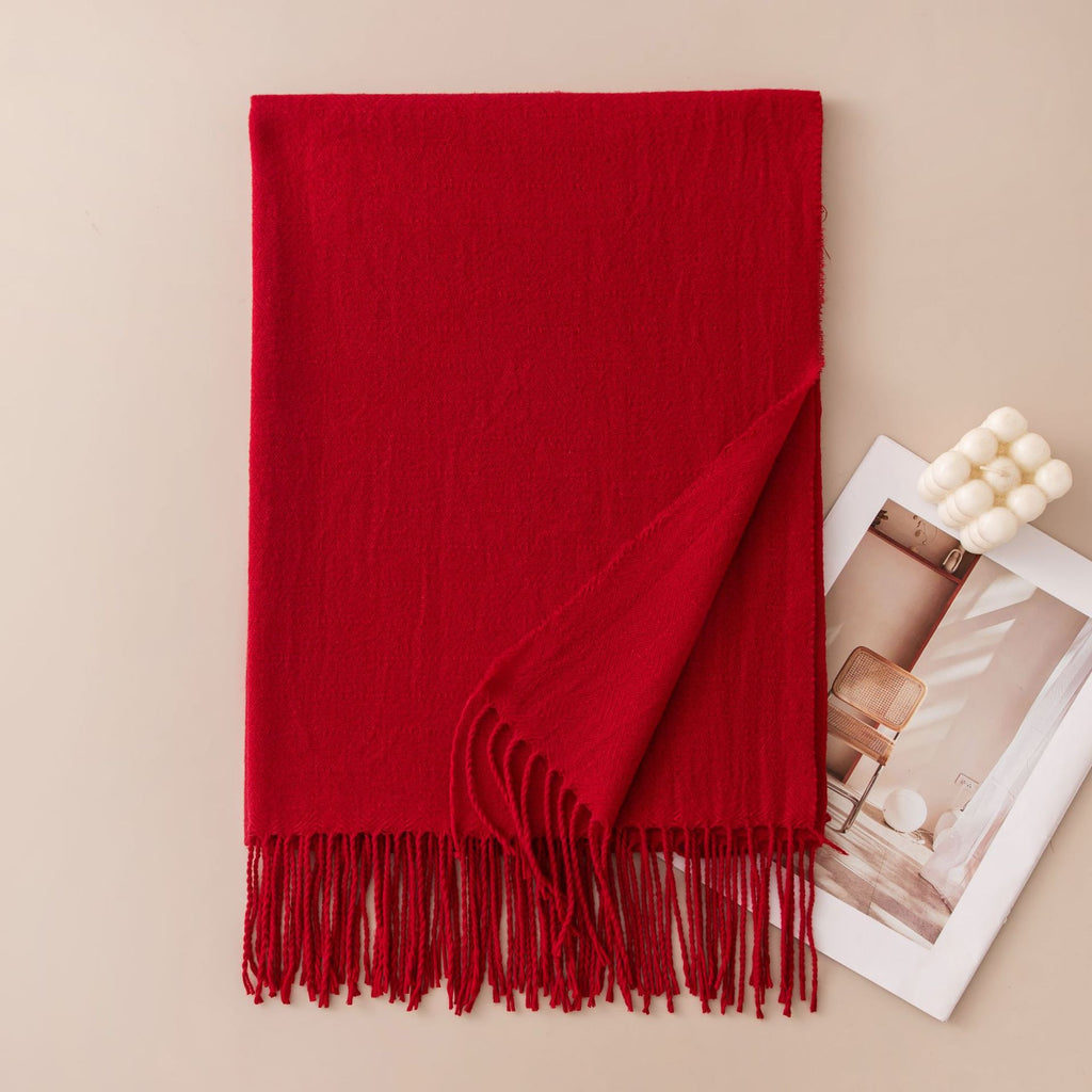 Soft Solid Fringe Trim Long Wrap Scarf - Wine_Red