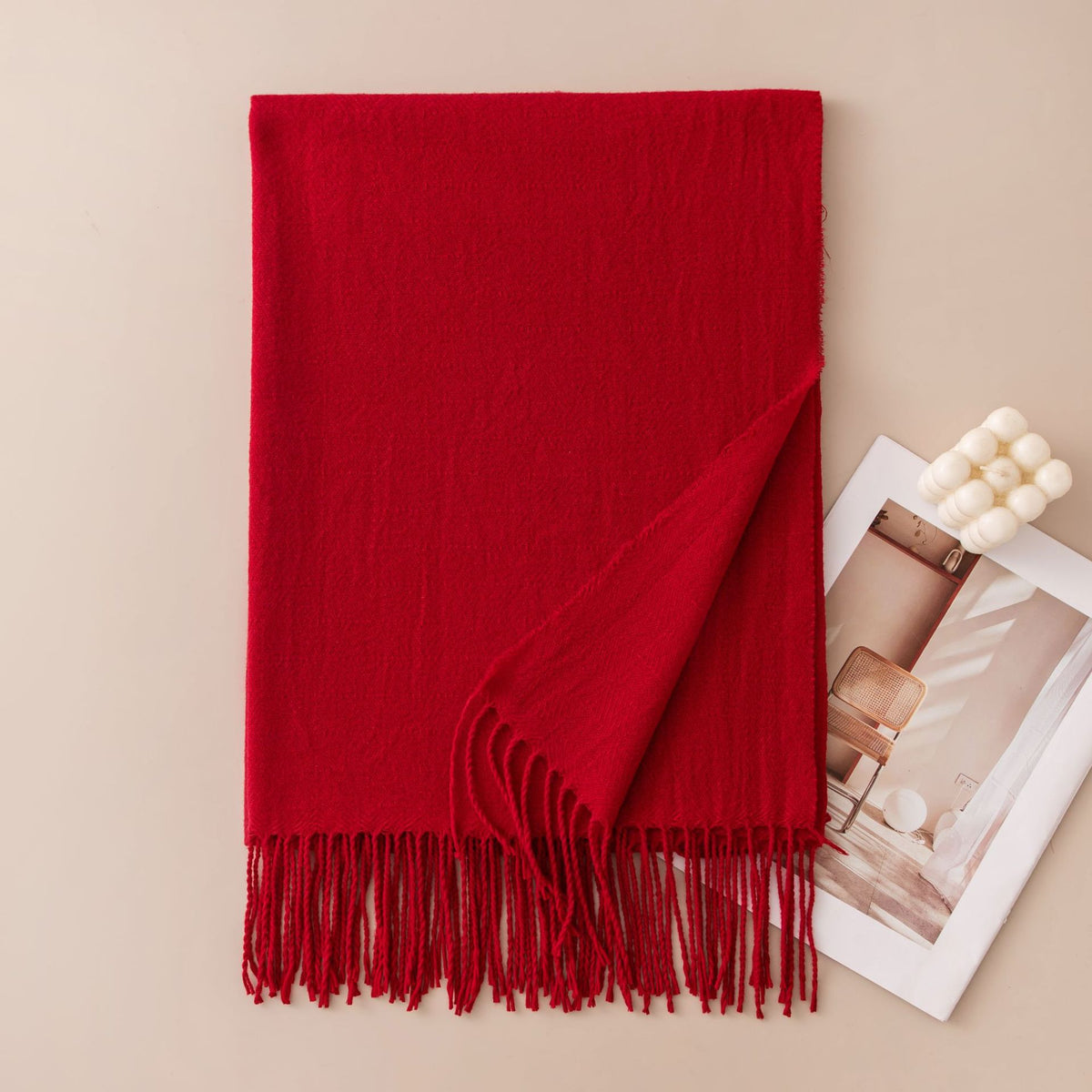 Soft Solid Fringe Trim Long Wrap Scarf - Wine_Red