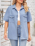 Drop Shoulder Short Sleeve Denim Shirt - Blue