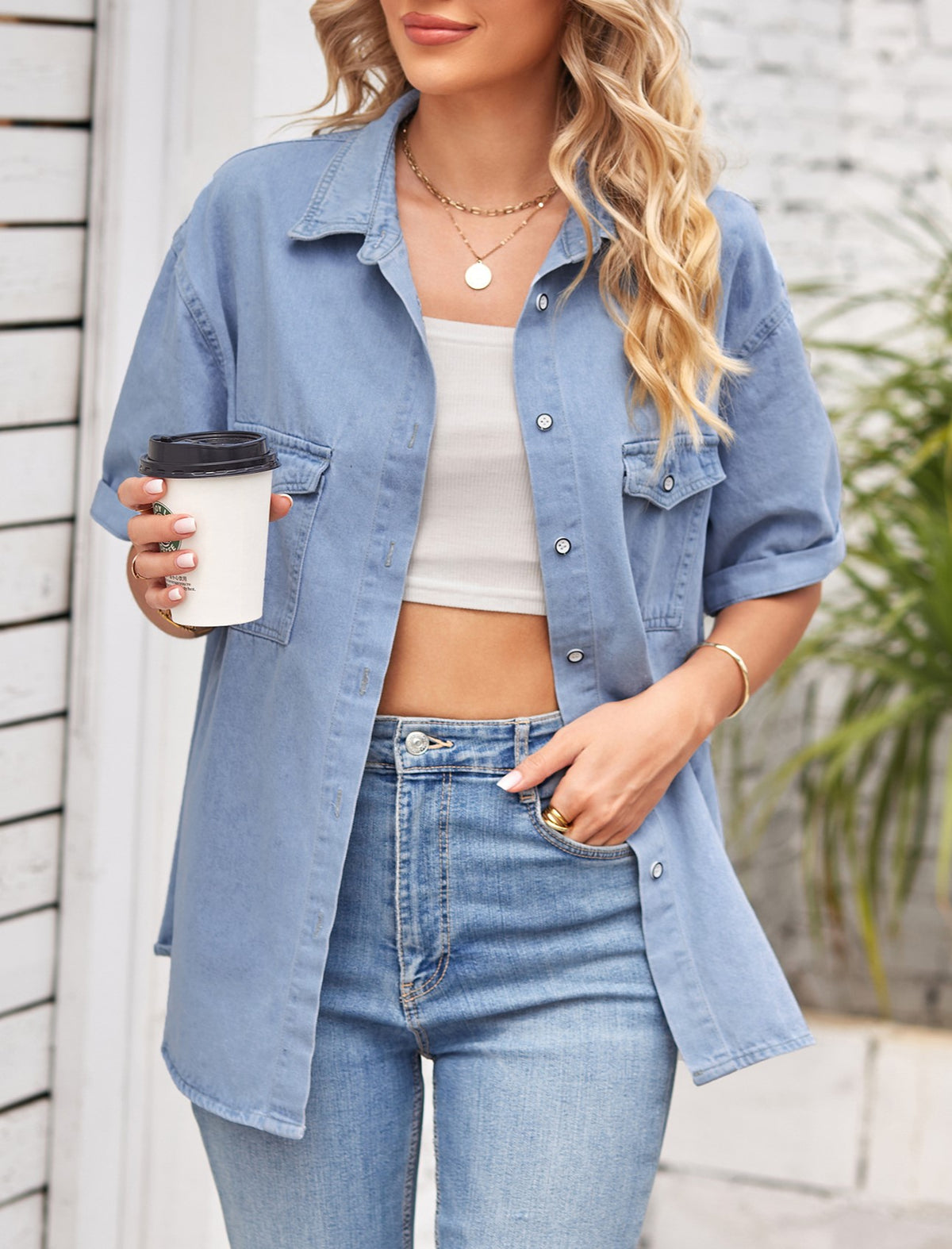 Drop Shoulder Short Sleeve Denim Shirt - Blue - 1
