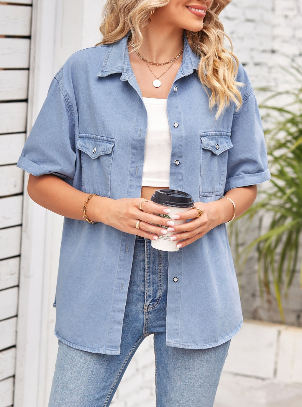 Drop Shoulder Short Sleeve Denim Shirt - Blue - 3