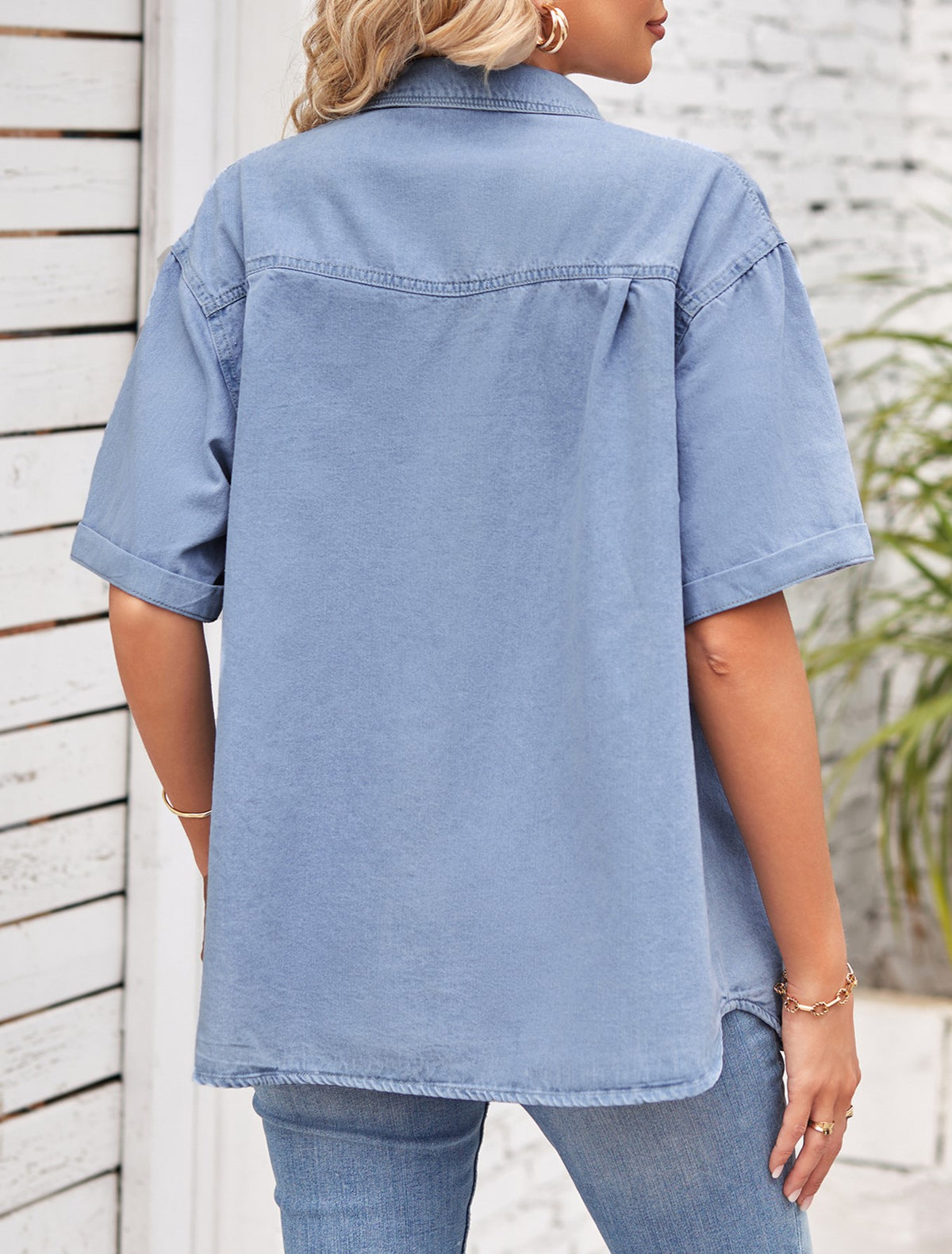 Drop Shoulder Short Sleeve Denim Shirt - Blue - 5