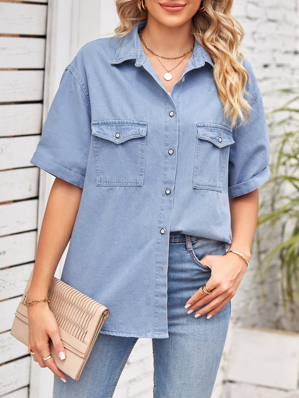 Drop Shoulder Short Sleeve Denim Shirt - view 1