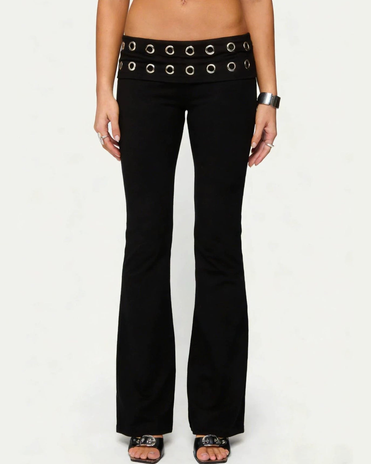 Grommet Waistband Low Rise Flare Pants - Black
