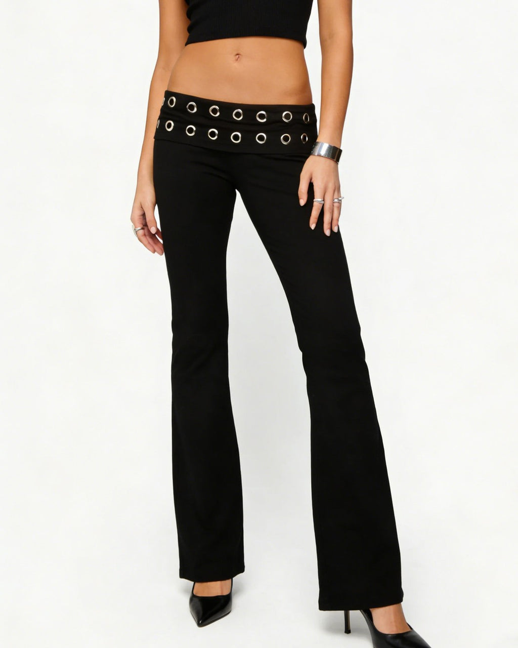 Grommet Waistband Low Rise Flare Pants - Black - 1