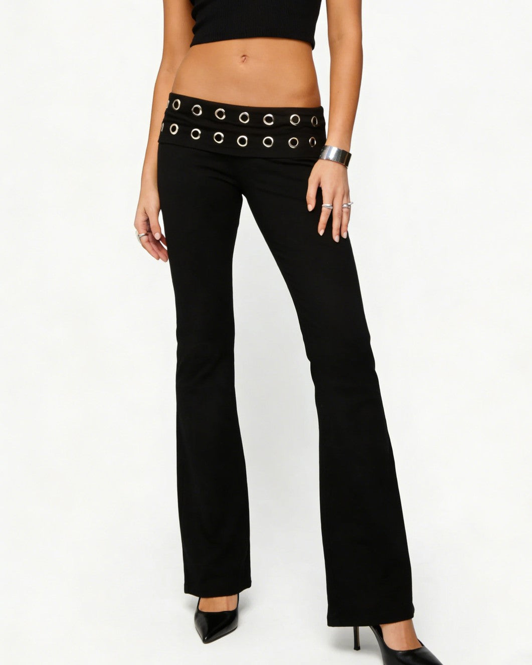 Grommet Waistband Low Rise Flare Pants - Black - 1
