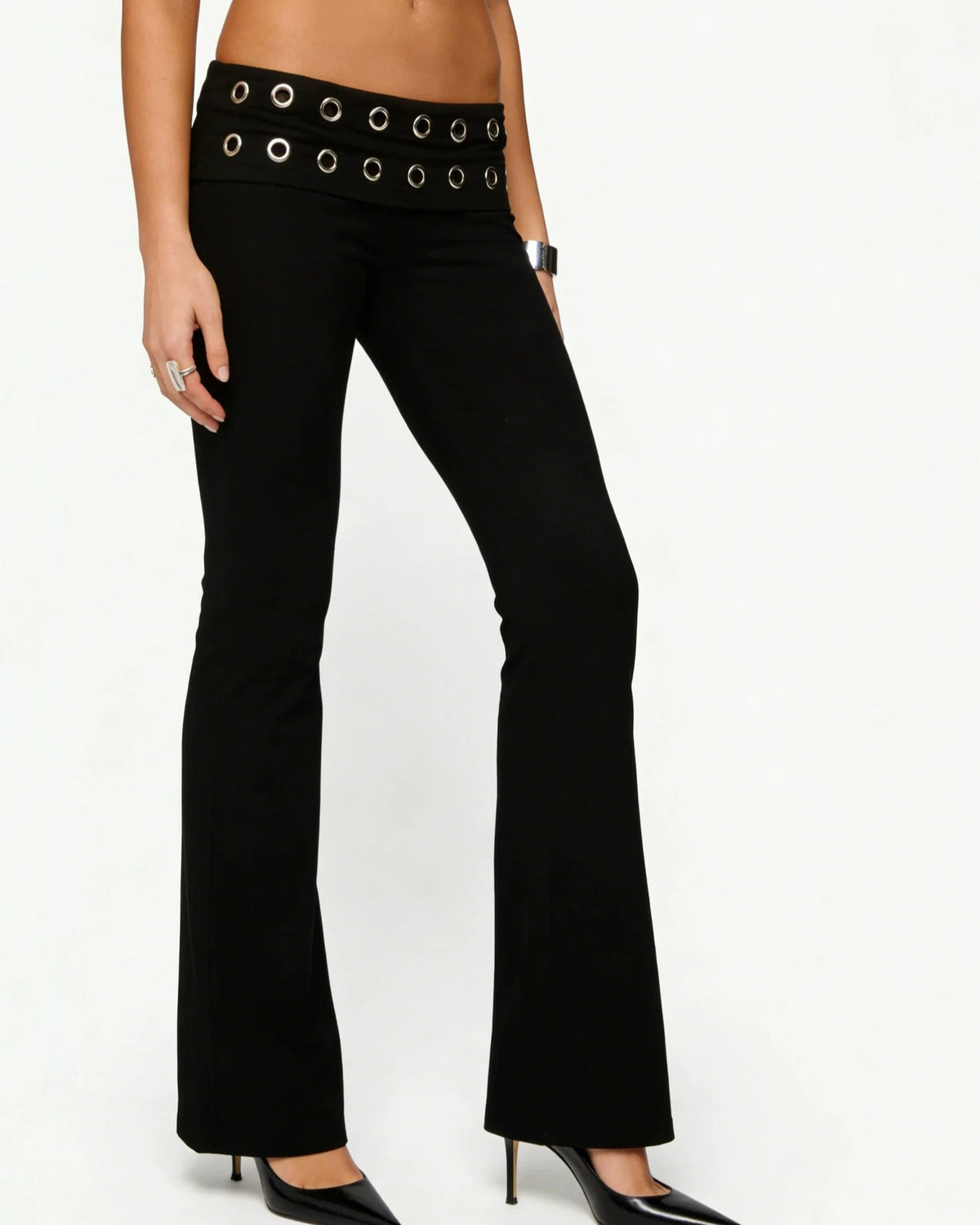 Grommet Waistband Low Rise Flare Pants - Black - 2