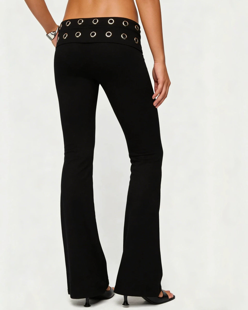 Grommet Waistband Low Rise Flare Pants - Black - 3
