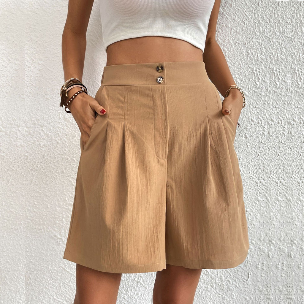 Pleated Bermuda Shorts With Button Waist - Khaki