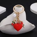Puffy Heart And Rose Charm Keychain - Red
