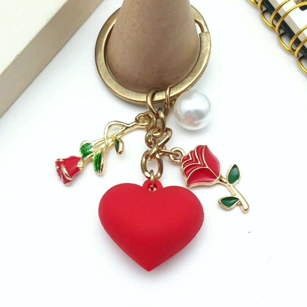 Puffy Heart And Rose Charm Keychain - Red - 1