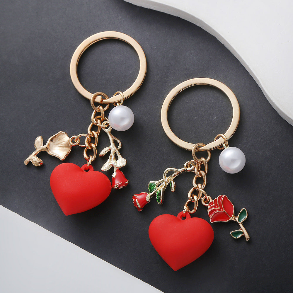 Puffy Heart And Rose Charm Keychain - Red - 2