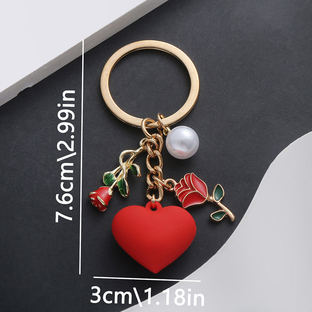 Puffy Heart And Rose Charm Keychain - Red - 3