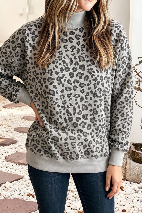 Leopard Print Crew Neck Sweatshirt with Contrast Trim - Grey