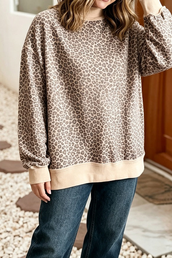 Leopard Print Crew Neck Sweatshirt with Contrast Trim - Khaki