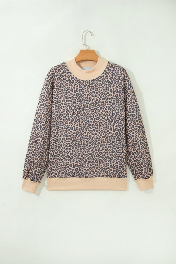 Leopard Print Crew Neck Sweatshirt with Contrast Trim - Khaki - 1