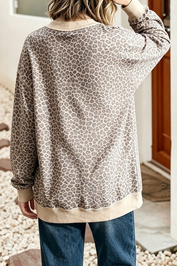 Leopard Print Crew Neck Sweatshirt with Contrast Trim - Khaki - 2
