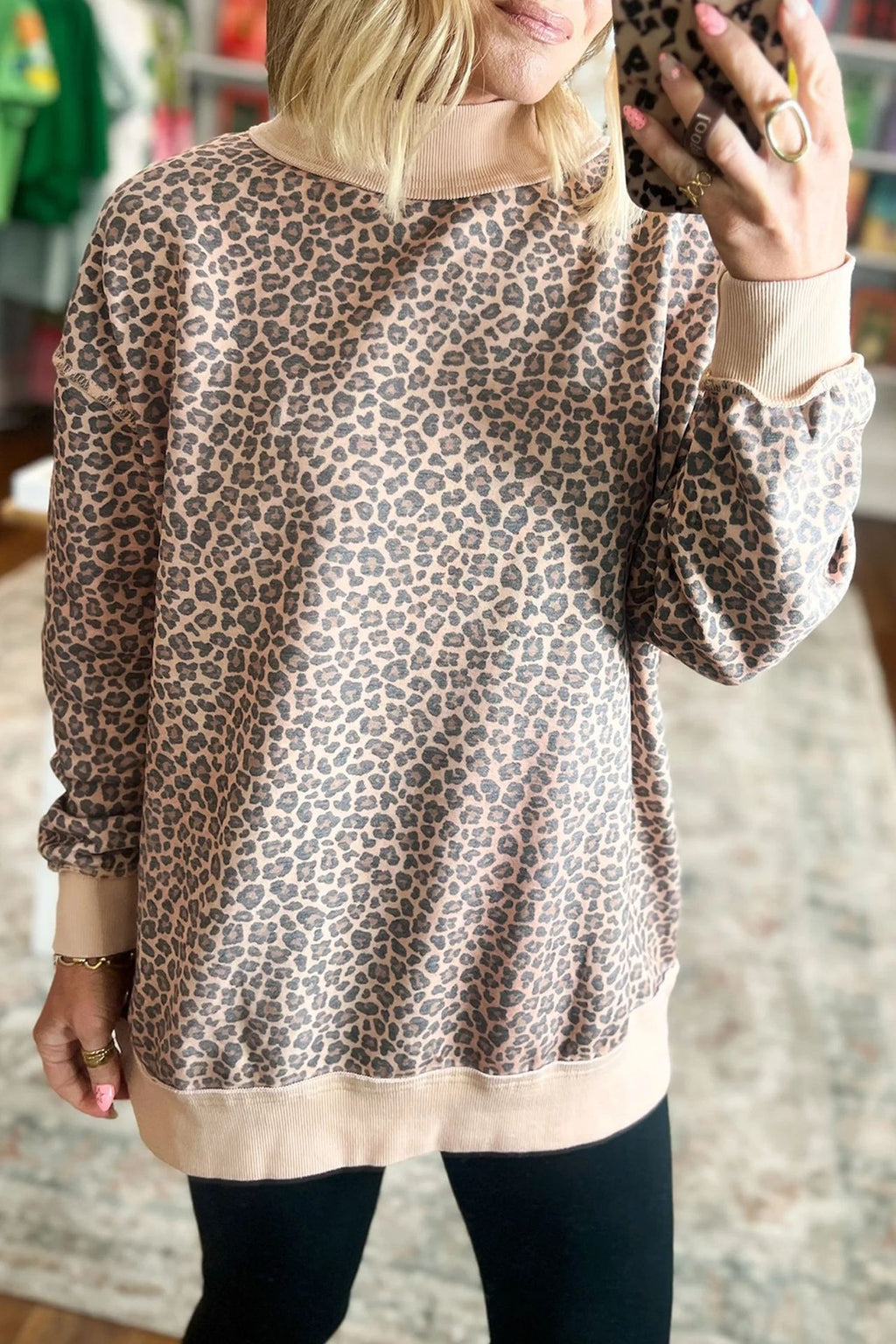 Leopard Print Crew Neck Sweatshirt with Contrast Trim - Khaki - 3