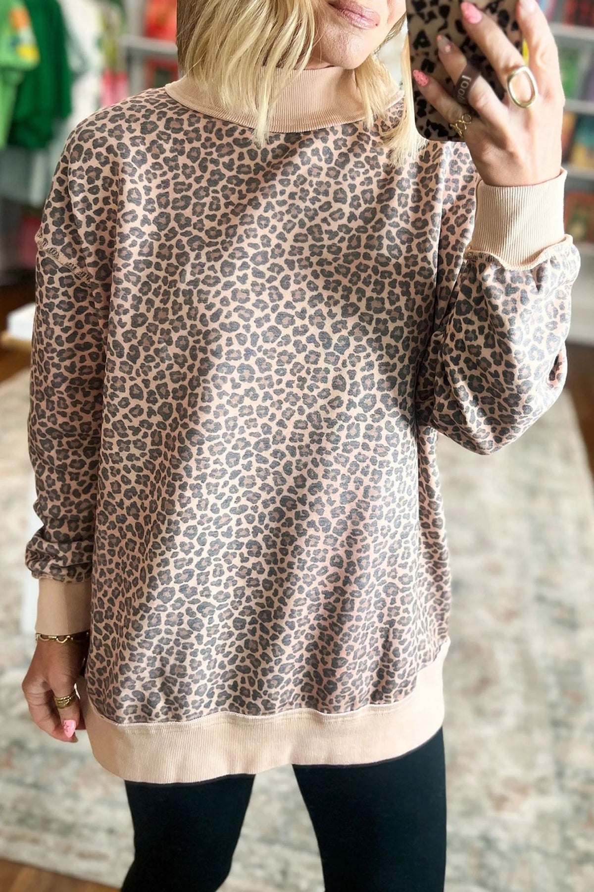 Leopard Print Crew Neck Sweatshirt with Contrast Trim - Khaki - 3