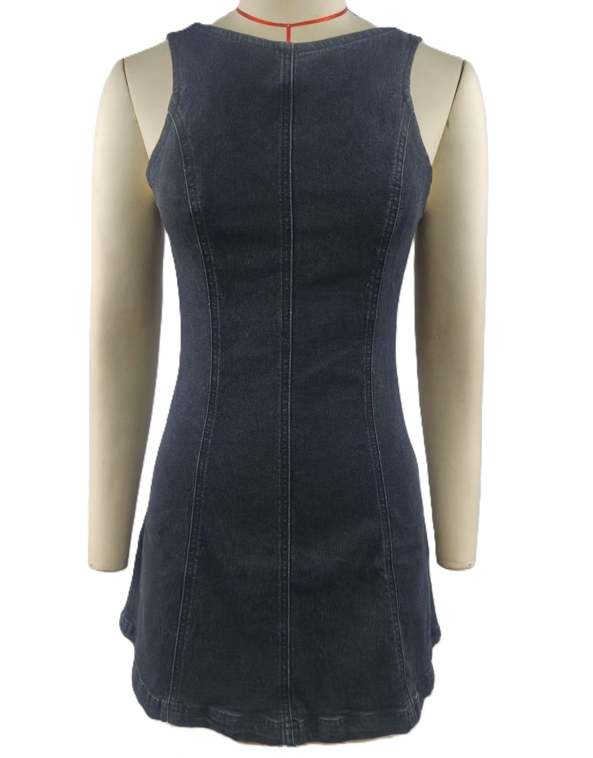 Sleeveless Denim Mini Dress With Tie Back - Black