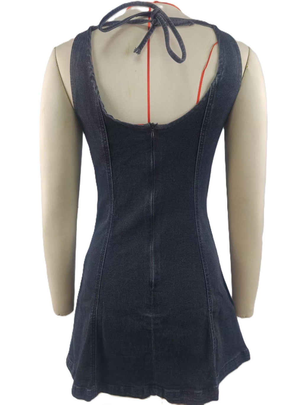 Sleeveless Denim Mini Dress With Tie Back - Black - 1