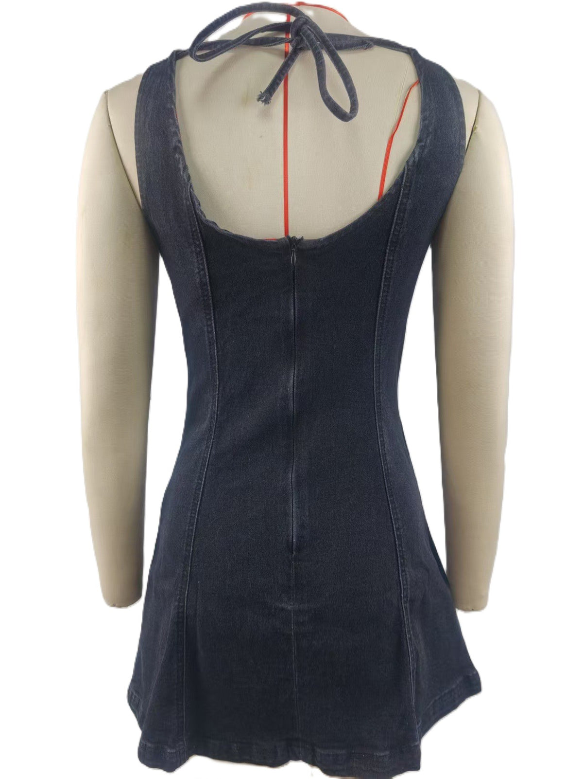 Sleeveless Denim Mini Dress With Tie Back - Black - 1