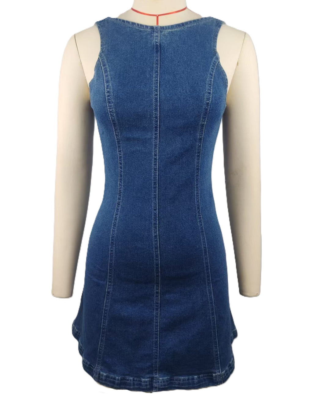 Sleeveless Denim Mini Dress With Tie Back - Blue - 1