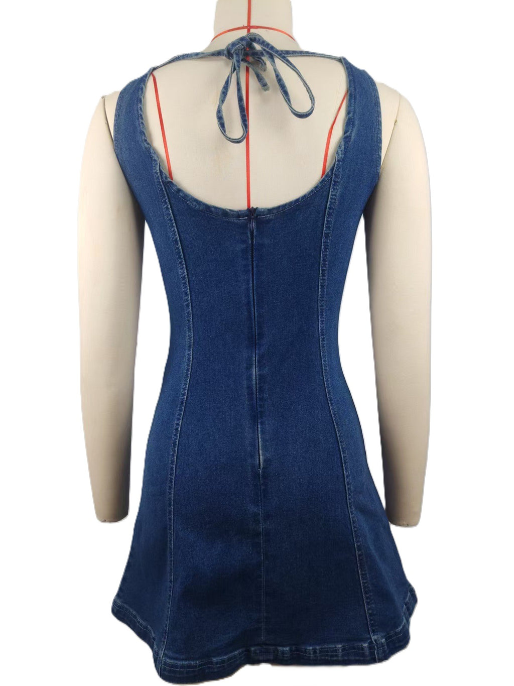 Sleeveless Denim Mini Dress With Tie Back - Blue - 2