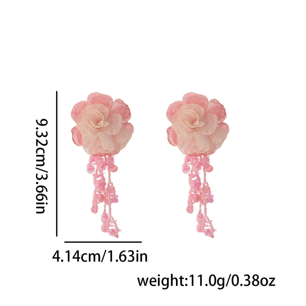 Fabric Rose Lace Tassel Earrings - Pink