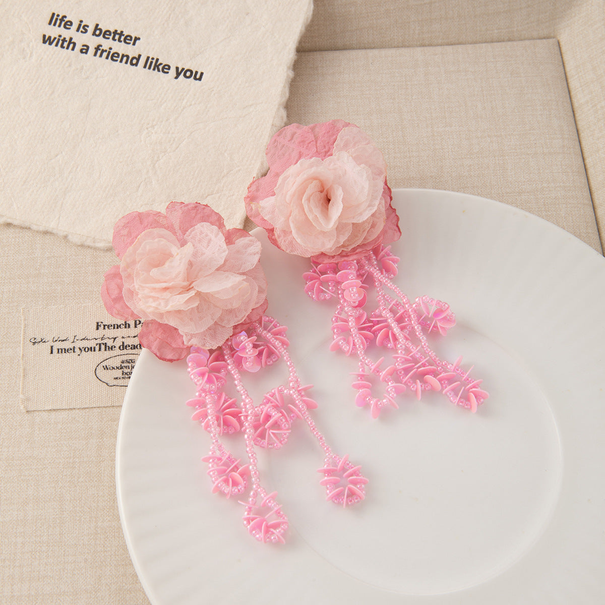 Fabric Rose Lace Tassel Earrings - Pink - 1
