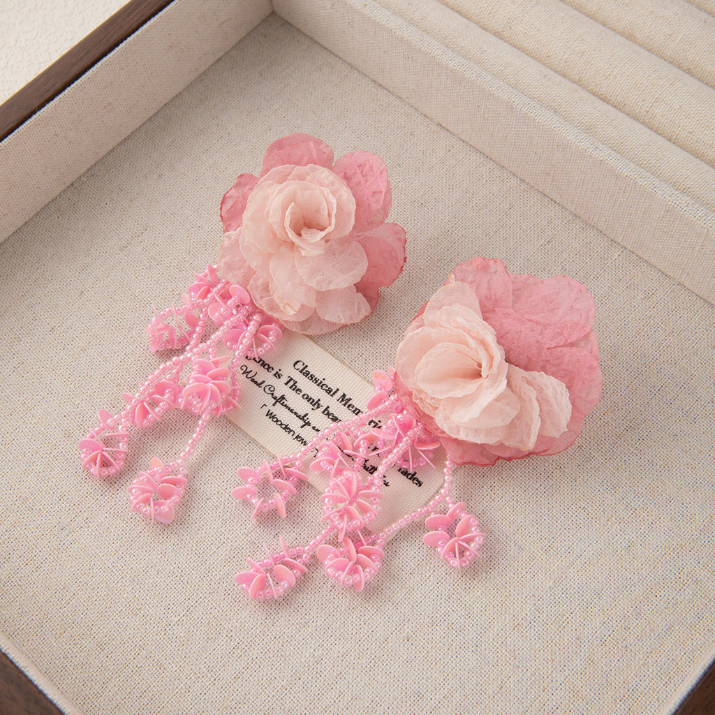 Fabric Rose Lace Tassel Earrings - Pink - 2
