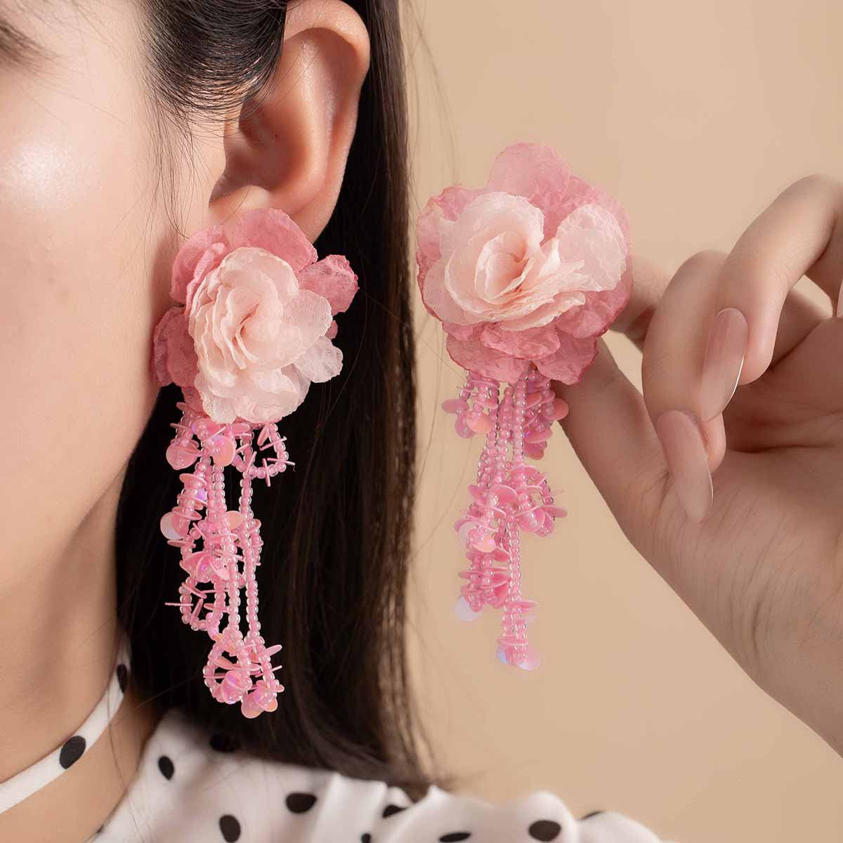 Fabric Rose Lace Tassel Earrings - view 1