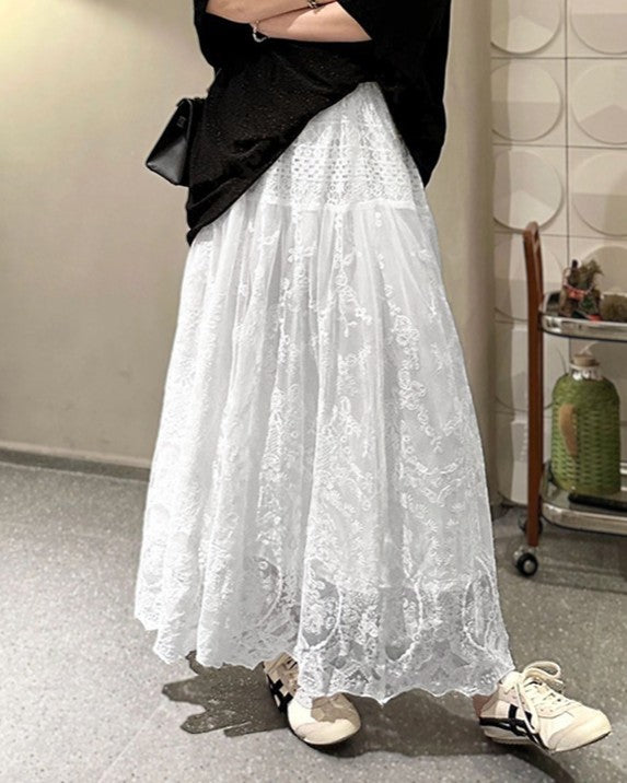 Scalloped Lace Tiered Maxi Skirt - White - 1
