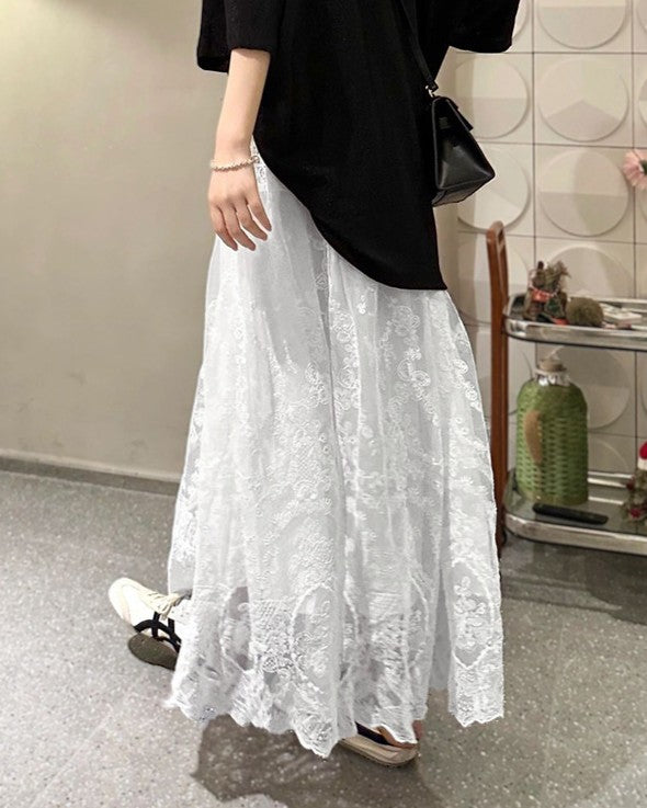 Scalloped Lace Tiered Maxi Skirt - White - 2