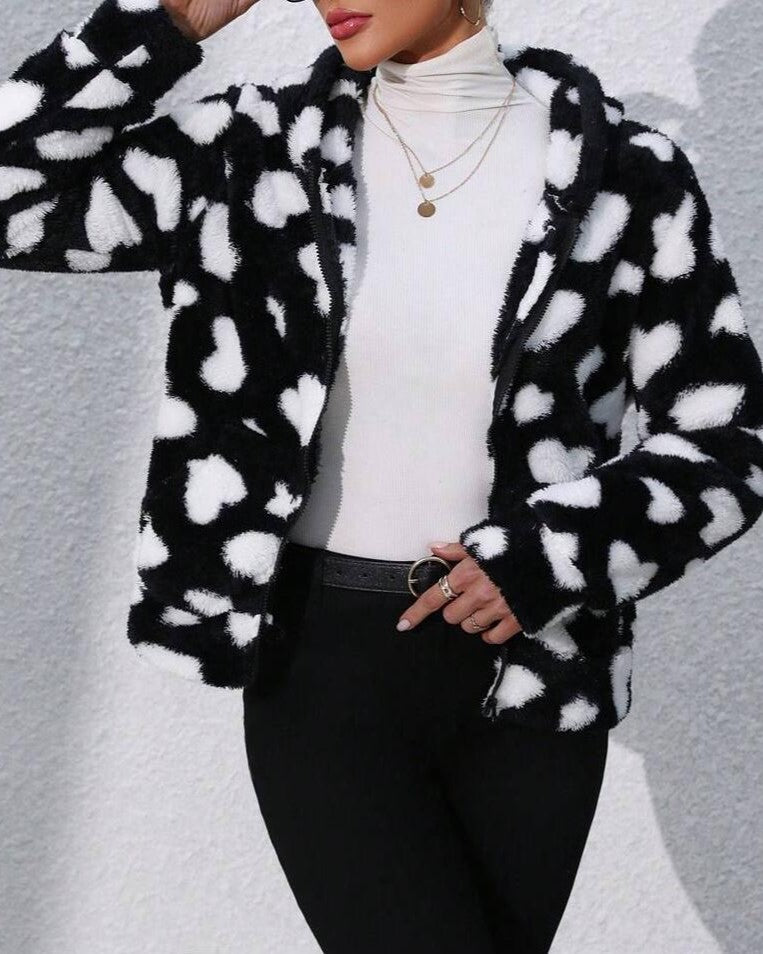 Printed Sherpa Hooded Zip Front Jacket - Black - 1