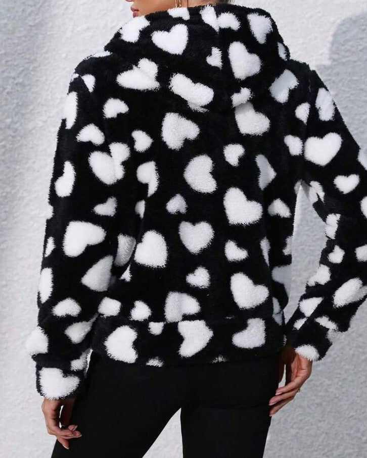 Printed Sherpa Hooded Zip Front Jacket - Black - 2