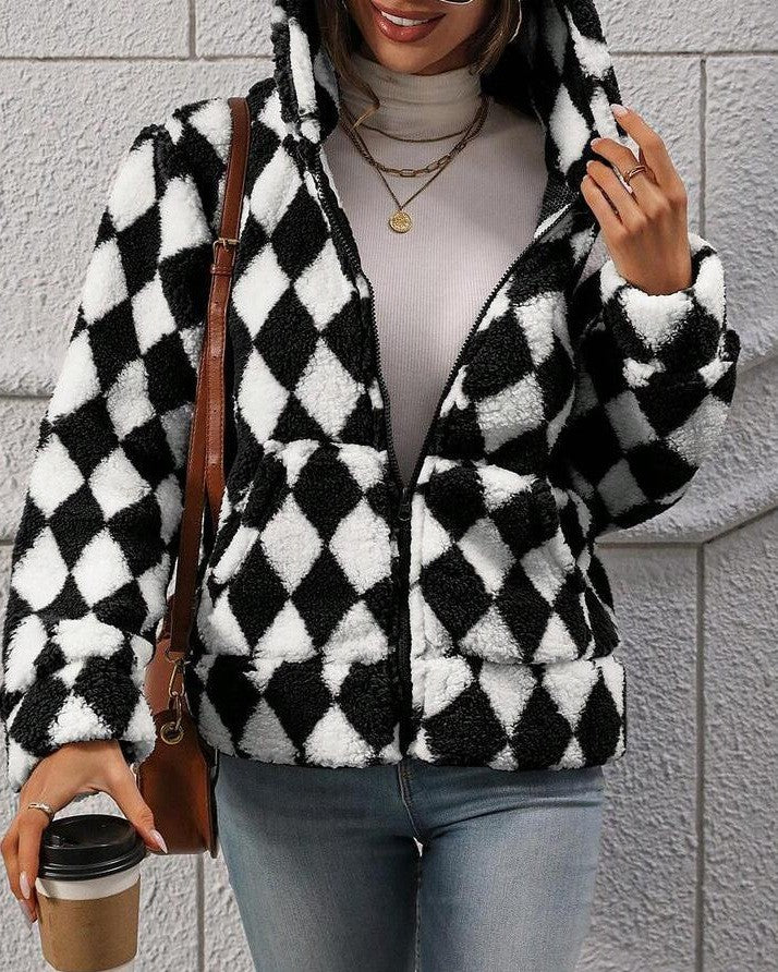 Printed Sherpa Hooded Zip Front Jacket - White