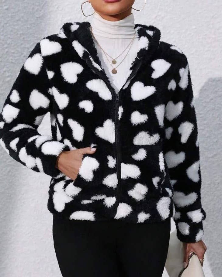 Printed Sherpa Hooded Zip Front Jacket