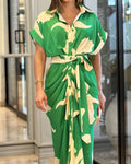 Tropical Print Draped Tie Waist Shirt Dress - Green