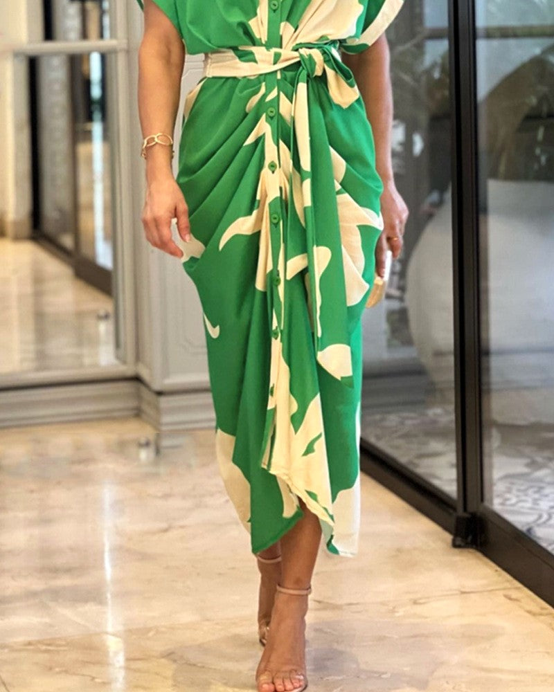 Tropical Print Draped Tie Waist Shirt Dress - Green - 1