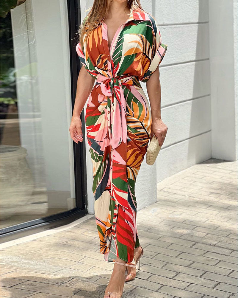 Tropical Print Draped Tie Waist Shirt Dress - Pink