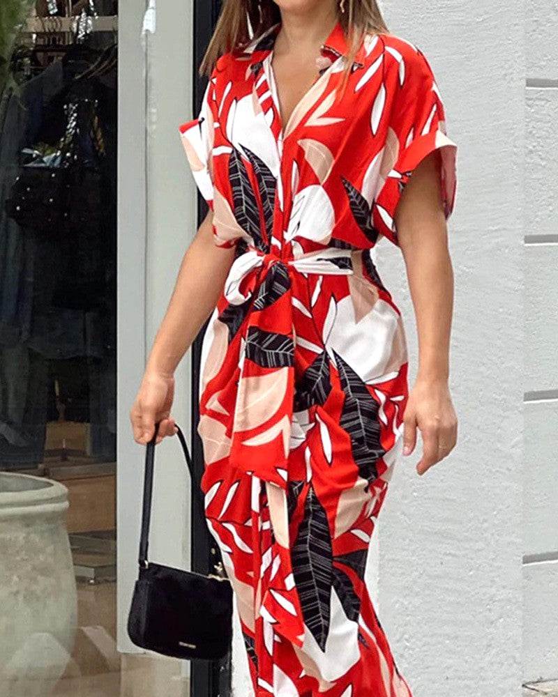 Tropical Print Draped Tie Waist Shirt Dress - Red
