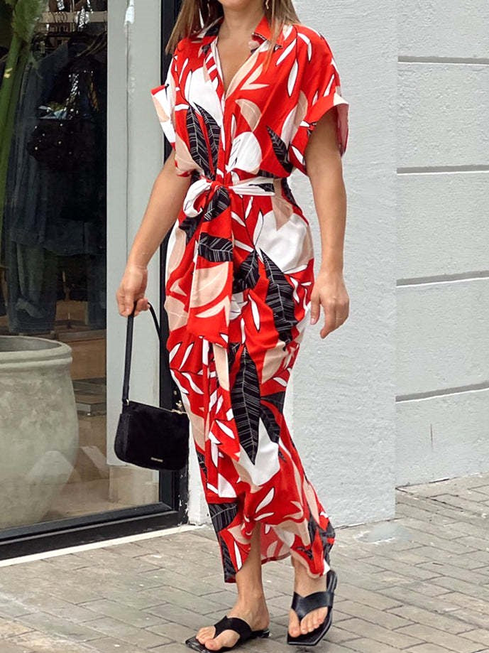 Tropical Print Draped Tie Waist Shirt Dress - Red - 1