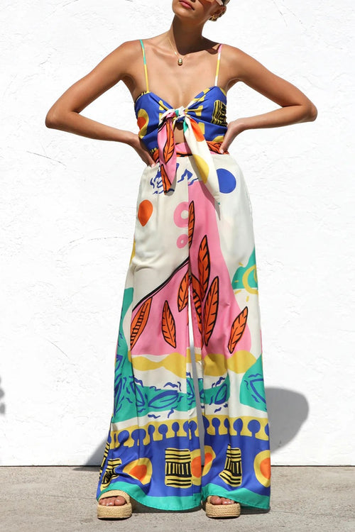 Abstract Print Knot Front Wide Leg Jumpsuit - Multi