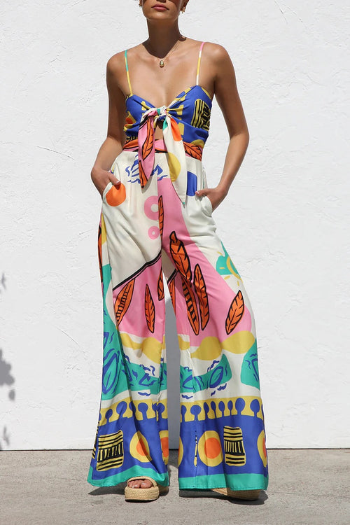 Abstract Print Knot Front Wide Leg Jumpsuit - Multi - 1